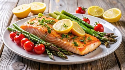 Fresh salmon fillet baked with lemon and herbs, served on a plate garnished with steamed asparagus and cherry tomatoes , food, fresh