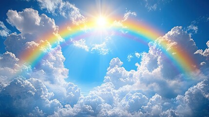 Heavenly rainbow arch over fluffy clouds, bright sun; hope, serenity.