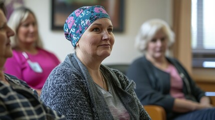 Caucasian female cancer patient in support group with headscarf listening
