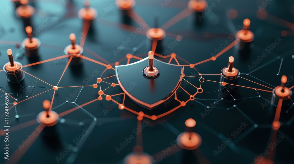 Poster an abstract representation of a secure network, depicted by interconnected nodes surrounded by a glo