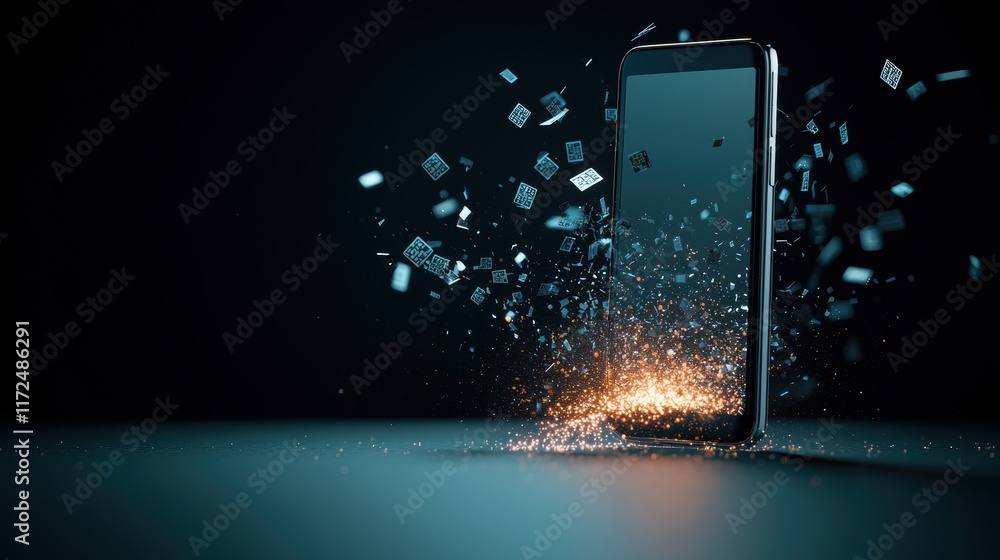 Poster a shattered smartphone screen with binary code fragments spilling out against a black background, sy