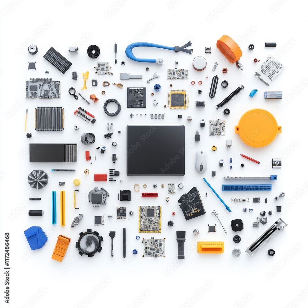 Poster a comprehensive collection of electronic components and tools arranged flat lay style for technology