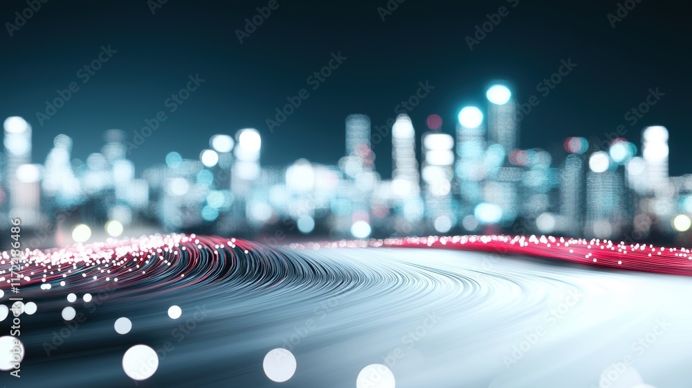 Poster abstract visualization of a digital network with data packets flowing through intricate connections,