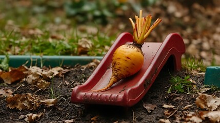 A golden beetroot rolling down a toy slide