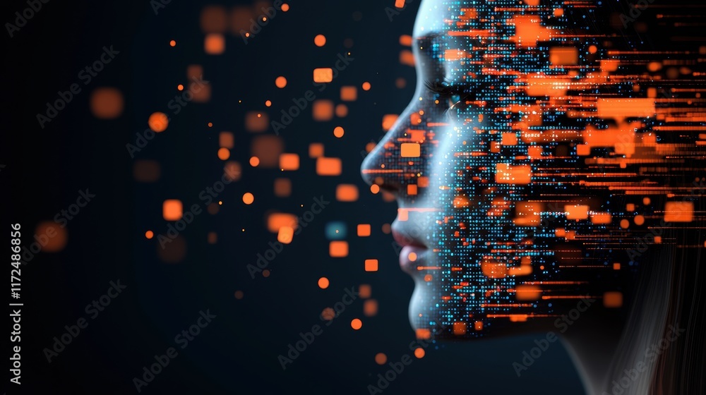 Poster a holographic projection of a human face with data streams flowing around it, depicting ai role in f