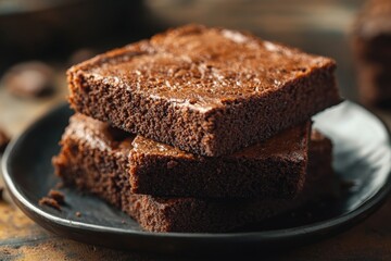 Delicious Chocolate Brownies Stacked on Dark Plate