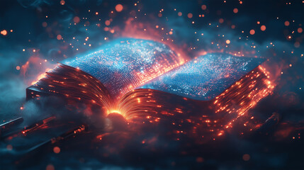 Glowing Futuristic Book in a Digital Matrix of Knowledge