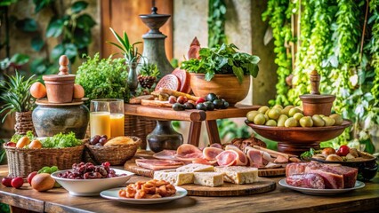 Fototapeta premium A lavish spread of cured meats, cheeses, and olives on a beautifully set table