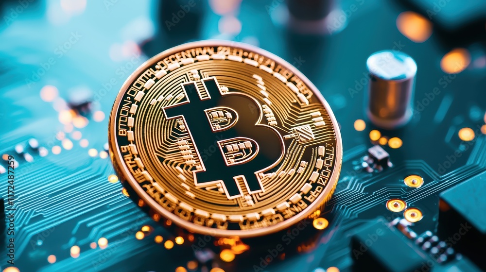 Poster a physical bitcoin coin resting on a circuit board with glowing lines connecting it to other coins, 