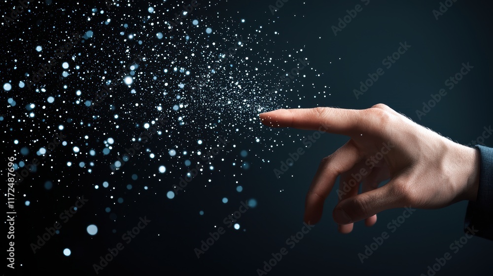 Poster a human hand touching a transparent digital interface, controlling data and information with intuiti