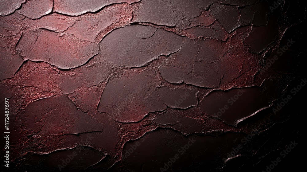 Poster textured wall surface in a deep maroon hue showcasing intricate cracks and patterns, ideal for artis