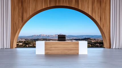 Modern workspace with a sleek wooden desk and stunning mountain view through an arched window in a contemporary office