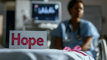 Female nurse in hospital room with hope sign and monitoring equipment