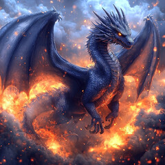 Blue dragon flying amidst fiery clouds in stormy sky