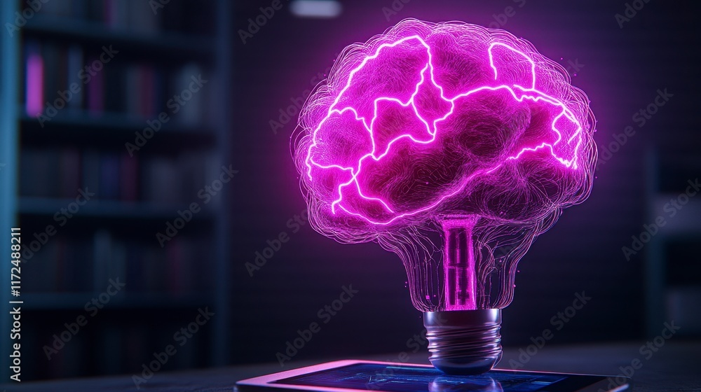 Poster an imaginative representation of a light bulb with a glowing brain, symbolizing innovative ideas and