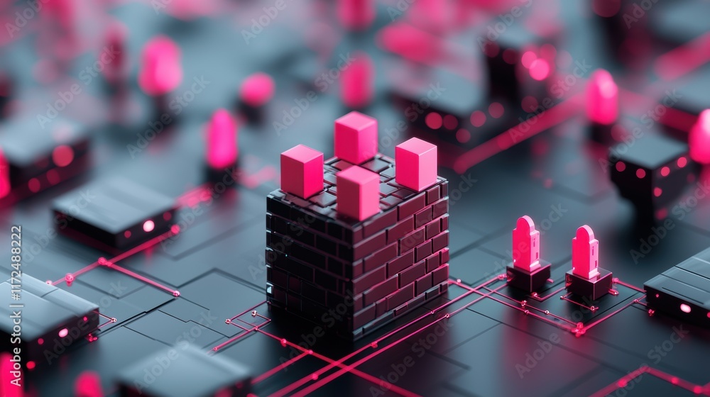 Poster a network diagram with a firewall represented as a brick wall, effectively blocking unauthorized acc