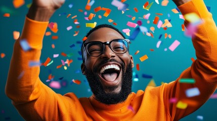 Joyful celebration of a man in glasses surrounded by colorful confetti, conveying happiness and excitement during a festive occasion.