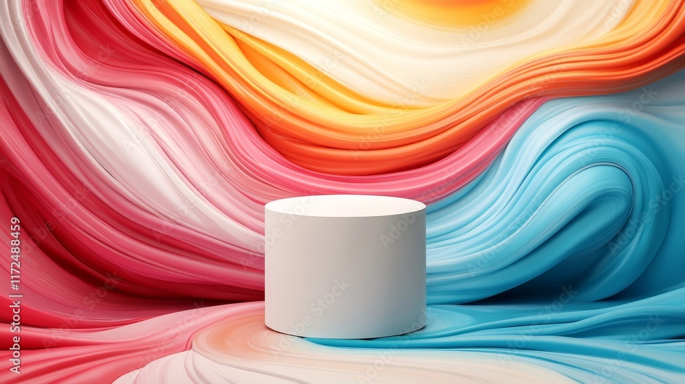Poster abstract colorful background with smooth waves and a minimalist display stand, ideal for product pre