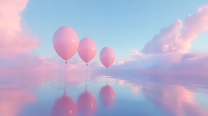 Fototapeta premium Three Pink Balloons Float Calmly Above Serene Waters