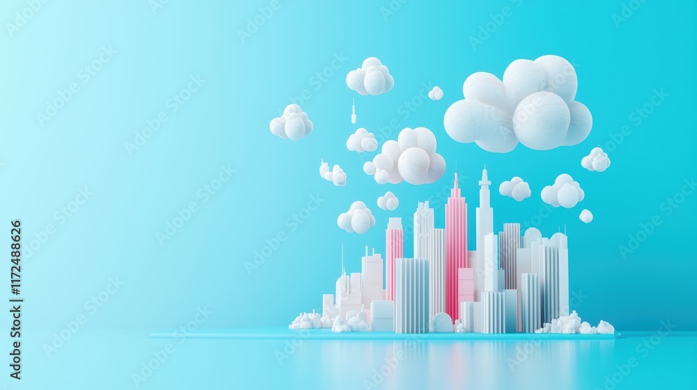 Poster a cityscape skyline with cloud icons floating above it, representing the widespread adoption of clou