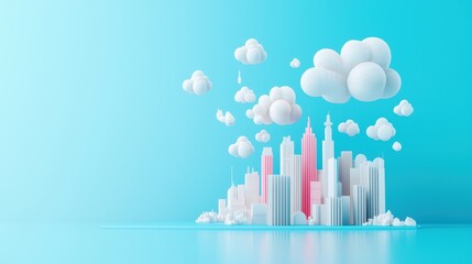 Obraz premium A cityscape skyline with cloud icons floating above it, representing the widespread adoption of cloud technologies and the need for robust cloud security solutions.