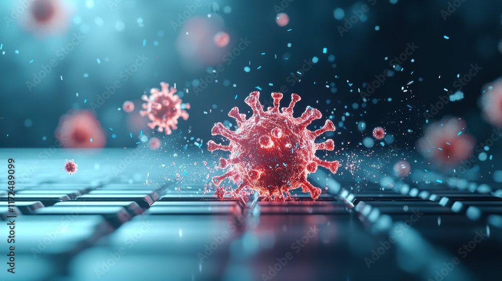 Poster an abstract visualization of a computer system being cleaned of viruses and malware, represented by 