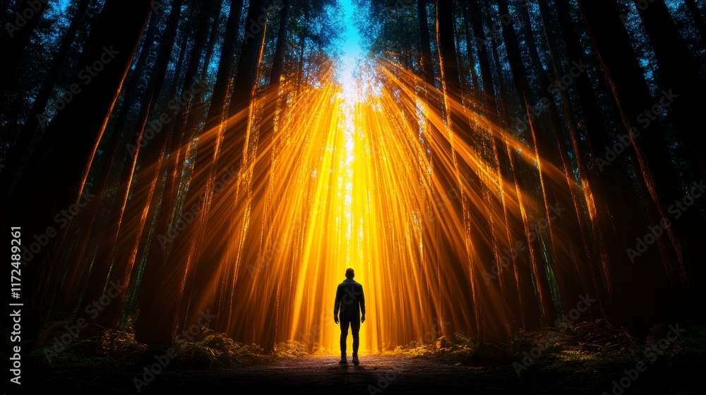 Poster a lone figure stands in an enchanting forest as golden rays of sunlight break through the tall trees