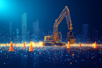 construction site featuring orange traffic cones, safety barriers, and construction equipment. The scene captures an active work area with a focus on safety and organization