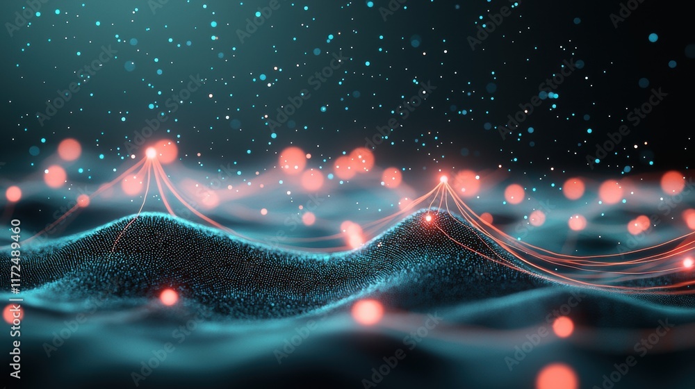 Poster a complex network of glowing nodes and lines forming intricate patterns against a dark background, r