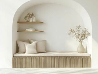 interior design bamboo , organic , neutral Cozy interior seating with decorative pillows and flowers.