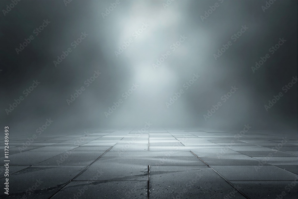 Poster empty tiled floor in a foggy atmosphere, featuring soft gray tones and gradient lighting. the scene 