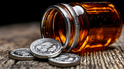 A glass jar with coins spilled on a wooden surface, creating a warm, inviting atmosphere that suggests savings or investment.