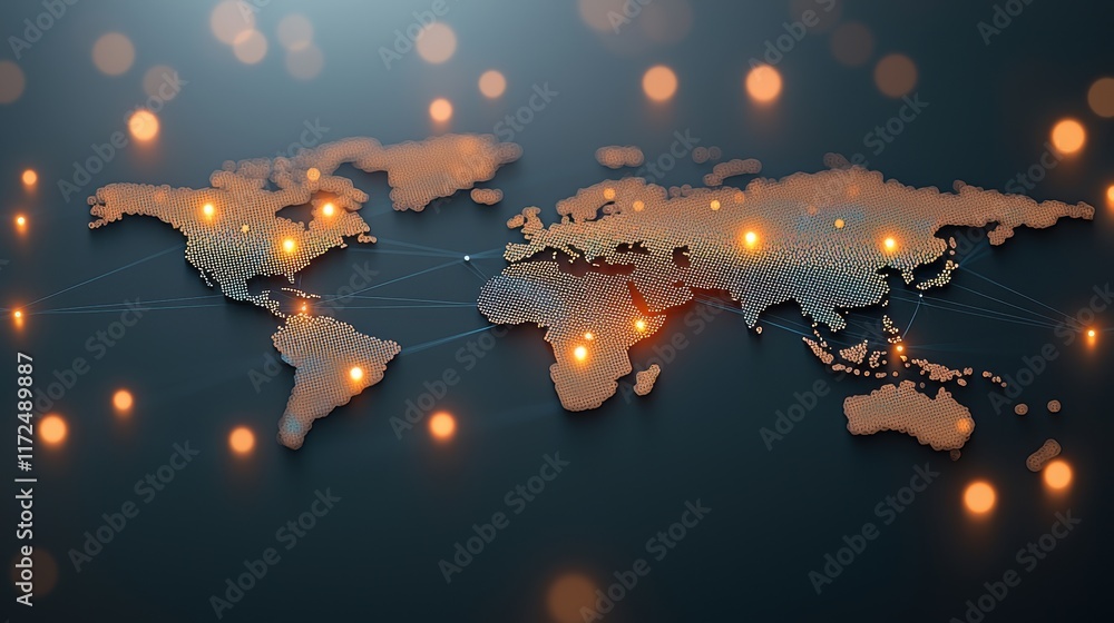 Poster abstract world map with glowing dots and lines representing international data transfer, global busi