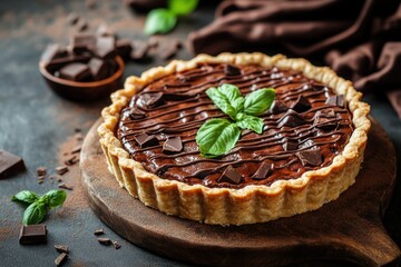 Delicious Chocolate Tart with Dark Chocolate Ganache and Fresh Basil