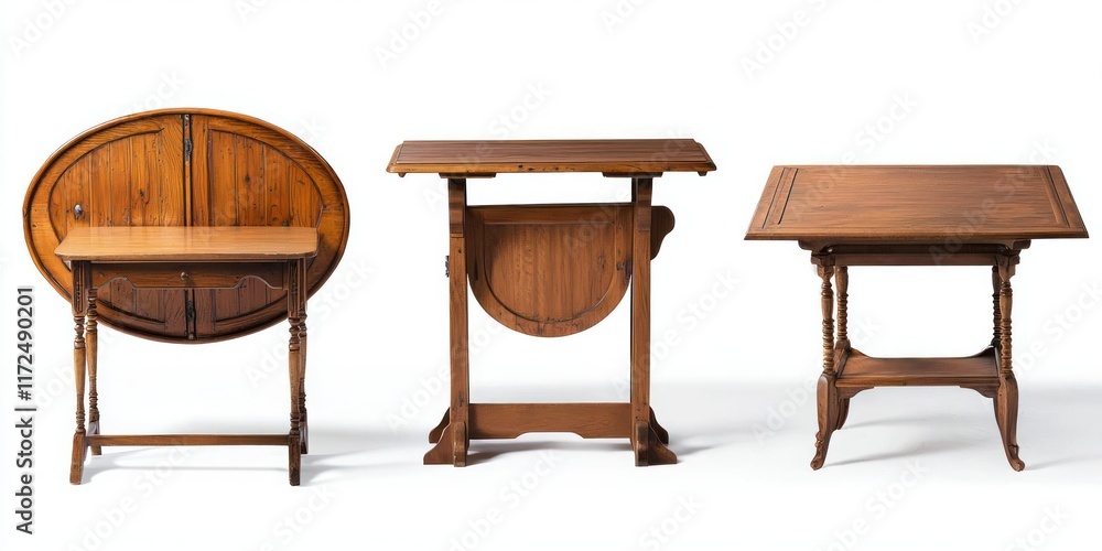 Poster collection of drop-leaf table front view full length on white background.