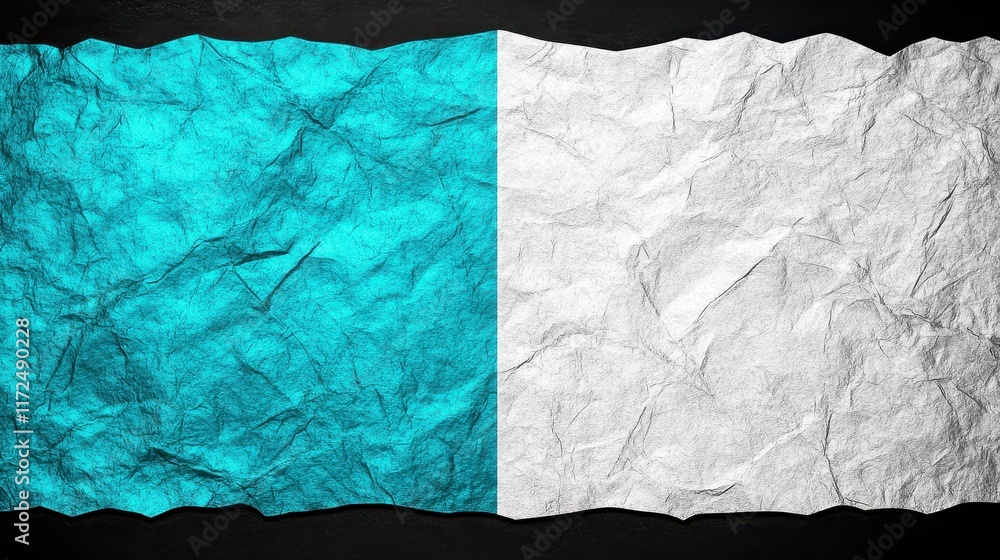 Poster crumpled textured paper in contrasting colors of turquoise and white, creating an engaging and dynam