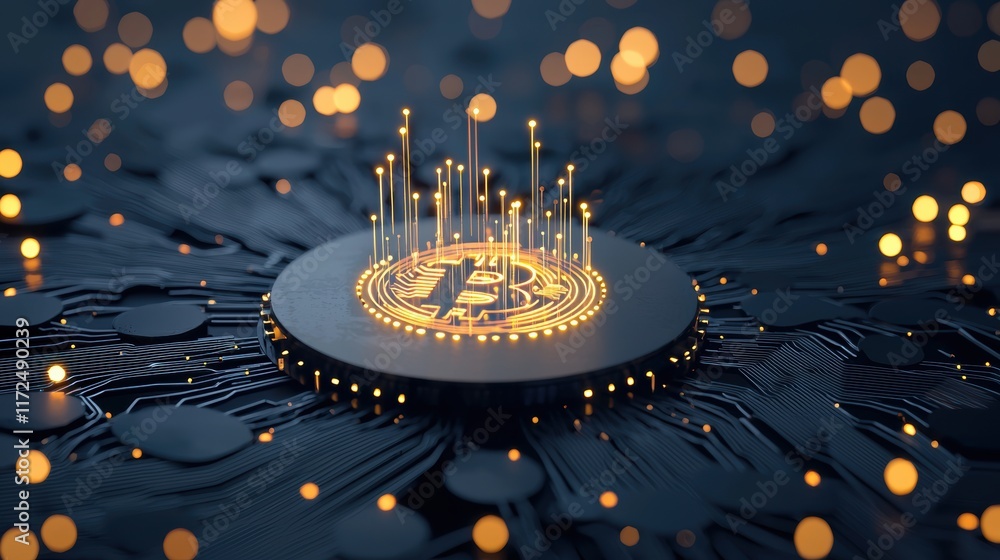Poster stylized representation of a cryptocurrency coin with glowing circuits and data streams, symbolizing