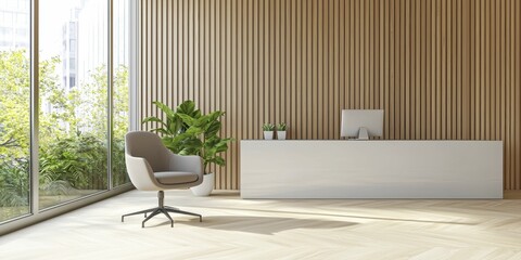 interior design bamboo , organic , neutral Modern office interior with wooden accents and greenery.