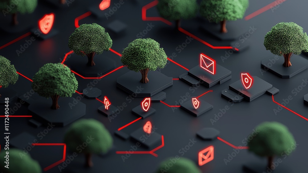 Poster abstract network grid with glowing lines and security icons, representing secure data transmission a