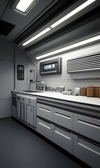 A modern kitchen interior with sleek design and organized storage.