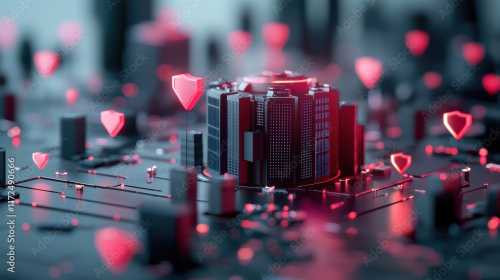 Aufkleber futuristic cityscape with glowing barriers and security shields protecting data centers and critical