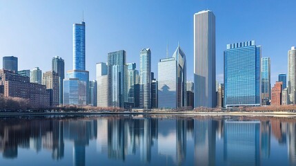 Naklejka premium Bustling City Skyline with Reflections on Glass Buildings