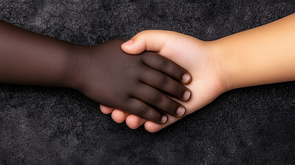 Two diverse hands shake against a dark background, symbolizing unity, cooperation, and friendship across cultures.