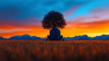Silhouette of a person meditating under a solitary tree at sunset, surrounded by vast fields and mountains in the distance