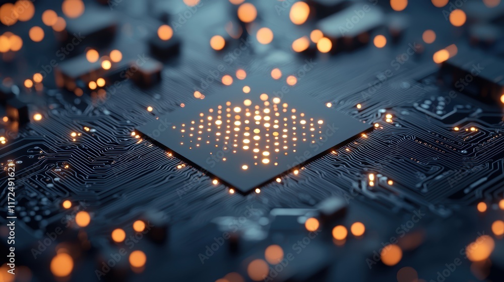 Poster close up shot of a quantum chip with intricate circuitry and glowing pathways, representing the hard