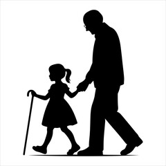 Grandparents walking silhouette vector. Child enjoying with grandfather and grandmother vector art illustration on a white background
