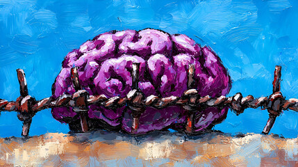Obraz premium A vibrant, surreal depiction of a purple brain resting on a sandy surface, enclosed by rusty barbed wire against a bright blue sky.