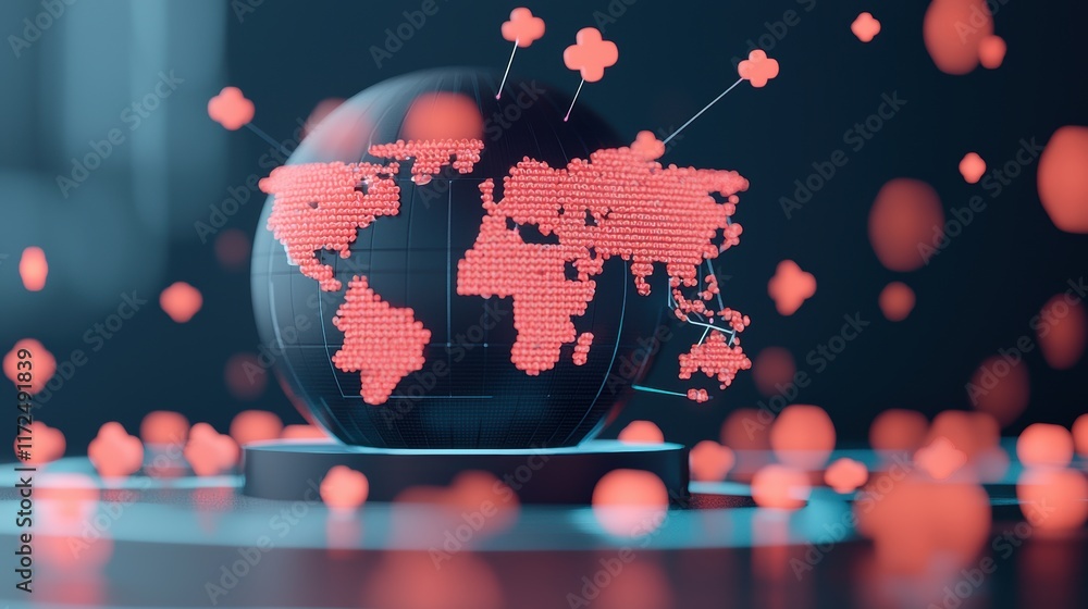 Poster glowing world map with cloud icons strategically placed around the globe, representing the global re