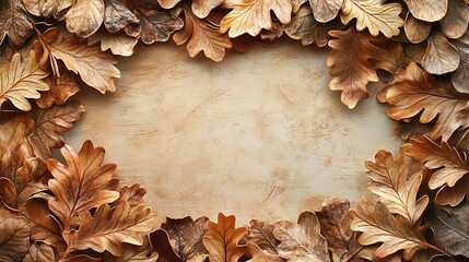 A nature-inspired border with intricately layered oak leaves arranged symmetrically, sharp details and soft natural lighting enhancing depth, a clean center for text, vibrant and lifelike, hd quality.