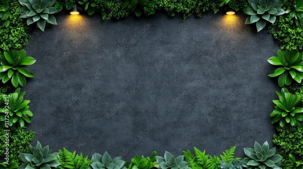 Poster fresh and lush green plant frame with a textured dark background creating a natural and inviting atm